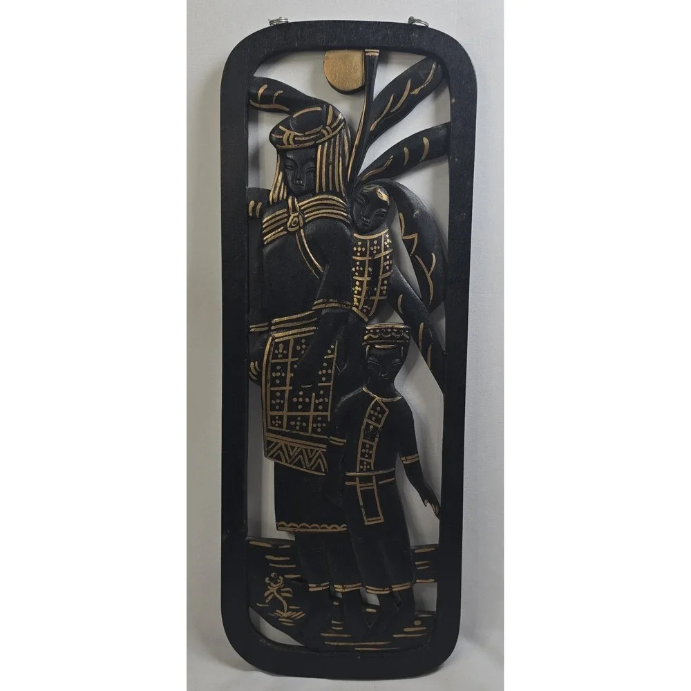 Asian Thai Wood Panel Hanging Wall Decor Set Of 2 Black/Gold